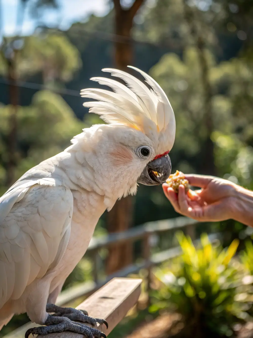 A charming image of a Goffin's Cockatoo interacting playfully with a human hand, showcasing its white plumage and expressive crest. This image represents the affectionate and intelligent nature of Cockatoos at DreamParrotsHome.